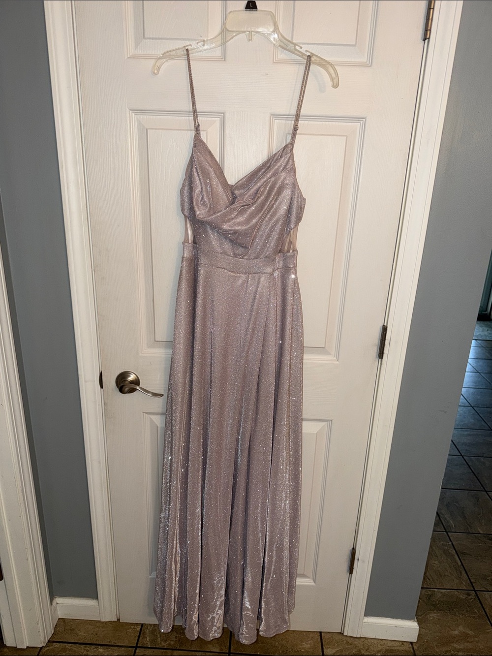 Sparkling Lilac Cowl Neck Spaghetti Strap Evening Dress